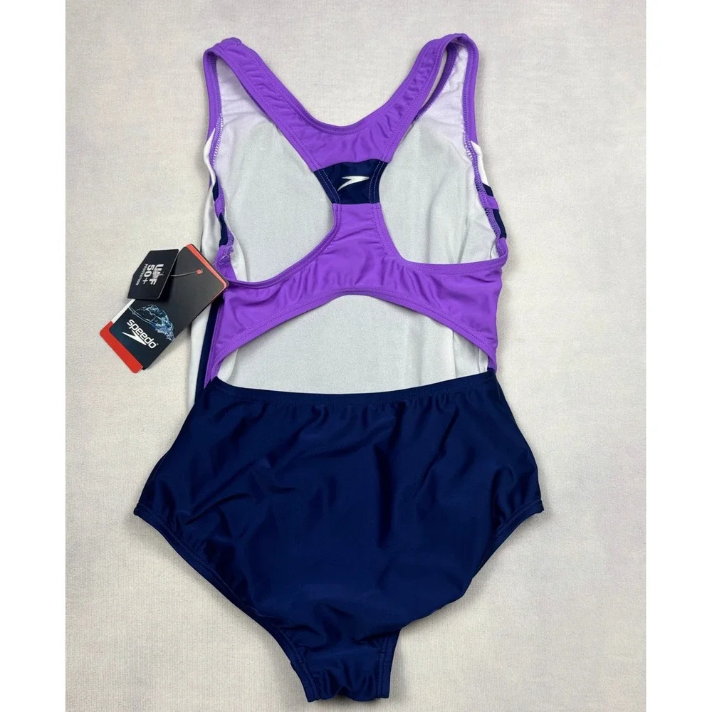Speedo Girls One Piece Swimsuit Navy Purple White Racerback‎ UPF 50+ Size 12